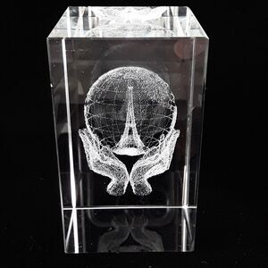 Eiffel Tower Crystal Paperweight, Earth World in Hands, Glass Cube 3D Laser Etch